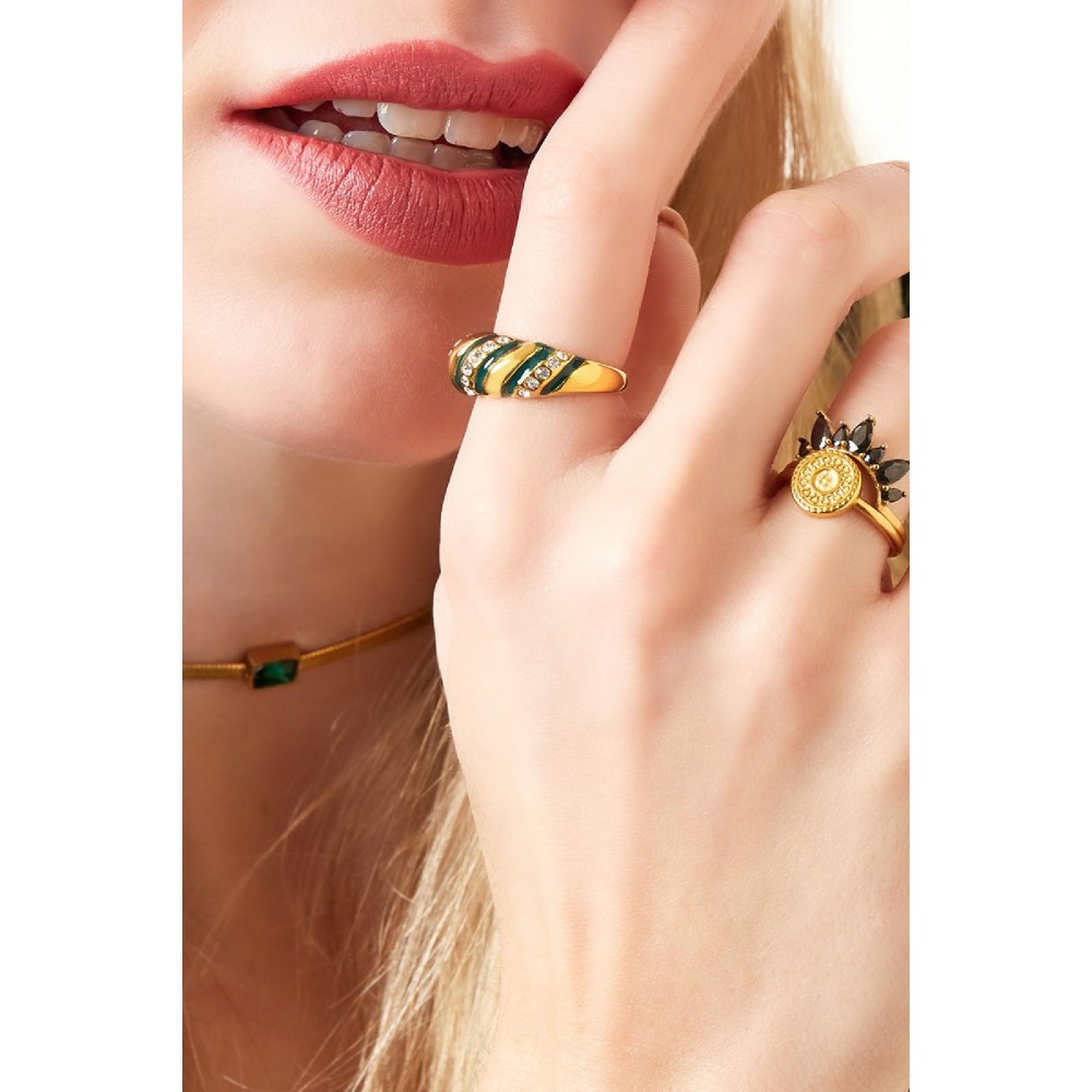 Δαχτυλίδι ατσάλινο χρυσό με ζιργκόν και πράσινο σμάλτο στριφτό 