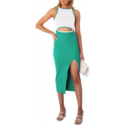 Midi bodycon αμάνικο πλεκτό φόρεμα με κόψιμο πράσινο lime