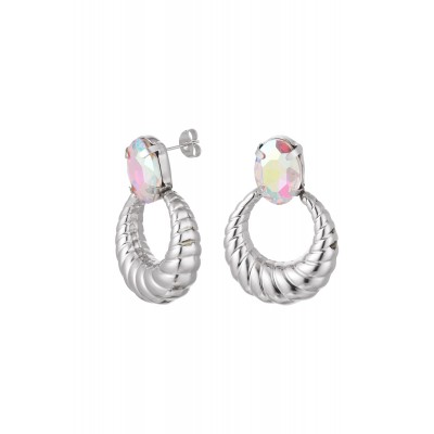 Σκουλαρίκια καρφωτά ατσάλινα με κρίκο και ιριδίζον στράς - ασημί