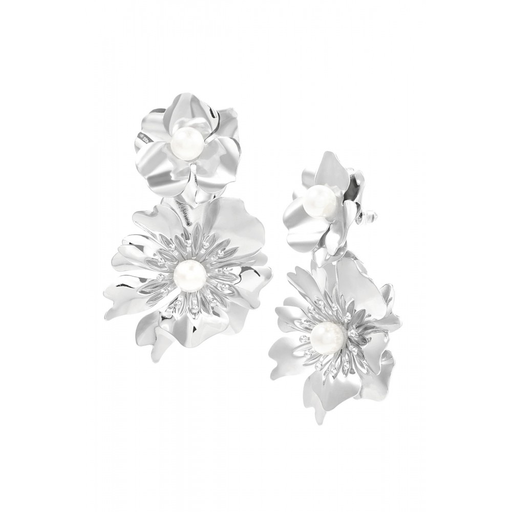 Σκουλαρίκια διπλό λουλούδι με πέρλα ασημί