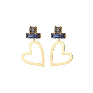 Σκουλαρίκια ατσάλινα με μεγάλη καρδιά και στράς - χρυσό μπλέ