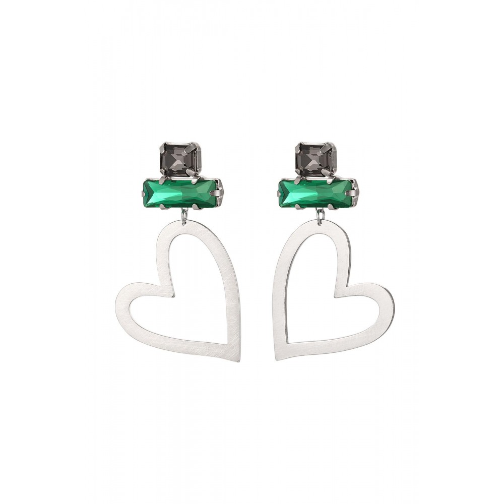 Σκουλαρίκια ατσάλινα με μεγάλη καρδιά και στράς - ασημί πράσινο