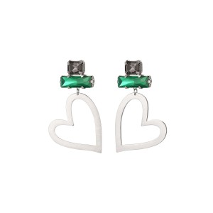 Σκουλαρίκια ατσάλινα με μεγάλη καρδιά και στράς - ασημί πράσινο