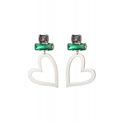 Σκουλαρίκια ατσάλινα με μεγάλη καρδιά και στράς - ασημί πράσινο