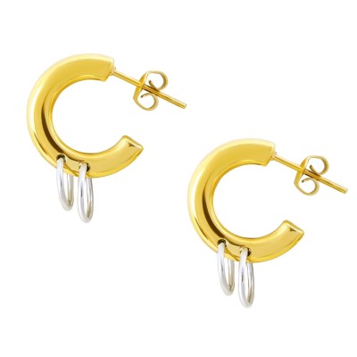 Κρίκοι χρυσοί από ατσάλι με μικρά κρεμαστά κρικάκια ασημί