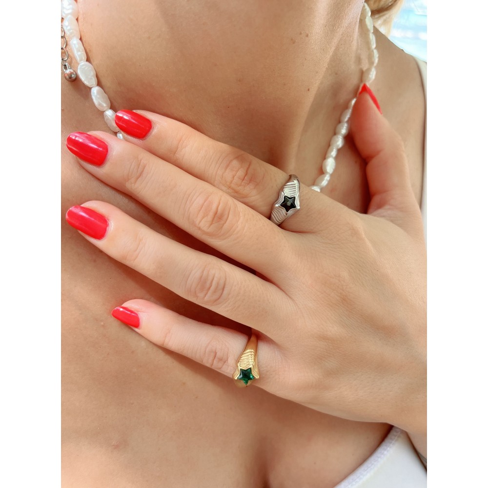 Δαχτυλίδι ατσάλινο χρυσό με πράσινο strass αστέρι