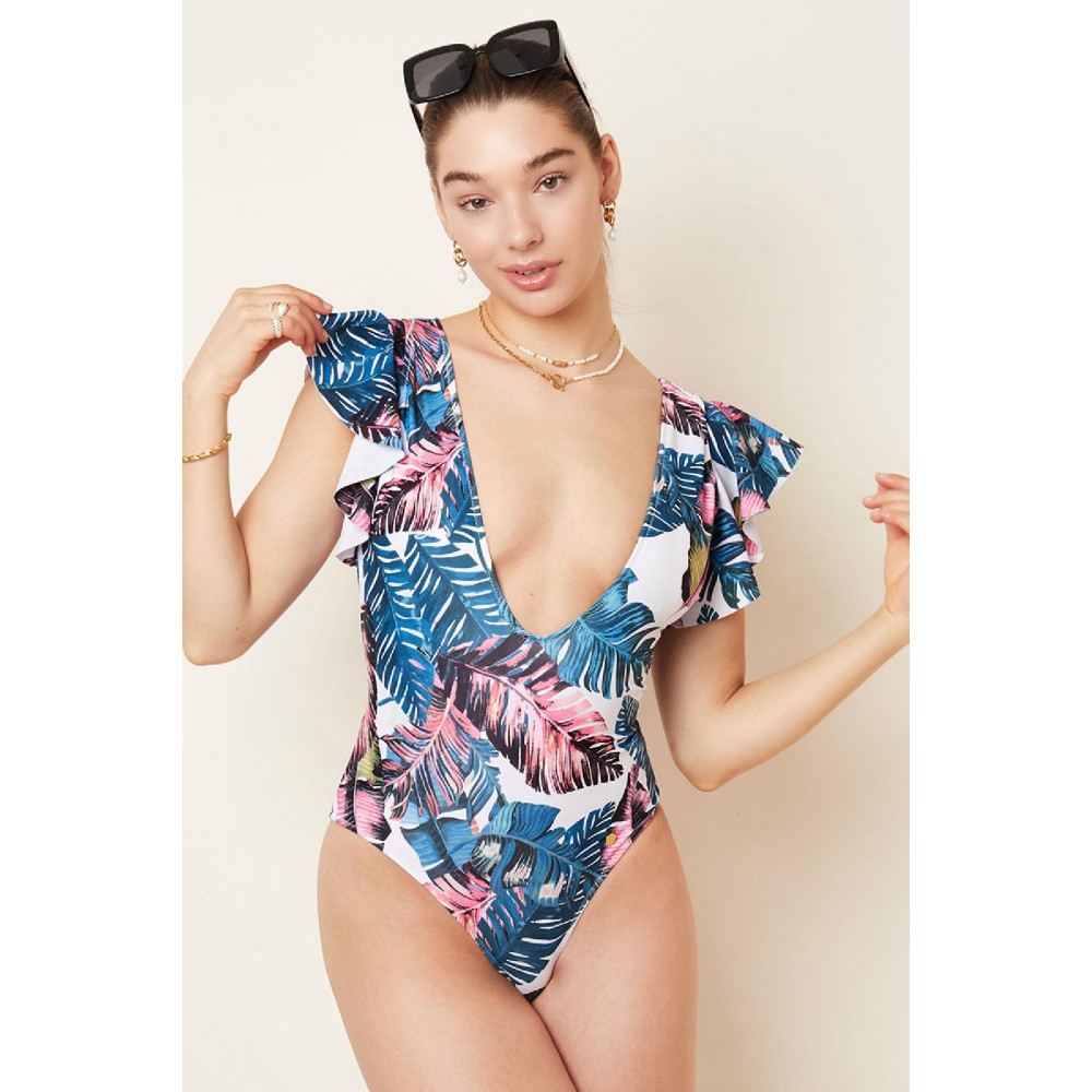 Ολόσωμο μαγιό floral print μπλε ροζ με βαθύ ντεκολτέ με βολάν και ζώνη