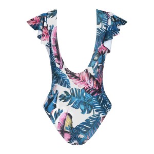 Ολόσωμο μαγιό floral print μπλε ροζ με βαθύ ντεκολτέ με βολάν και ζώνη