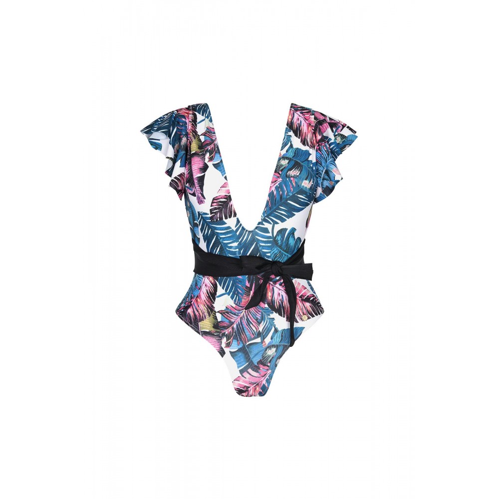 Ολόσωμο μαγιό floral print μπλε ροζ με βαθύ ντεκολτέ με βολάν και ζώνη