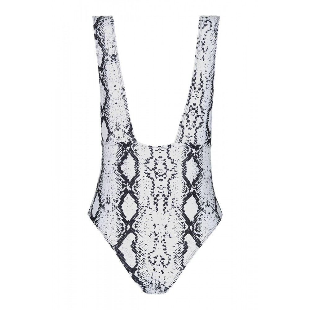 Ολόσωμο μαγιό animal print μαύρο λευκό snakeskin βαθύ ντεκολτέ με διαφάνεια