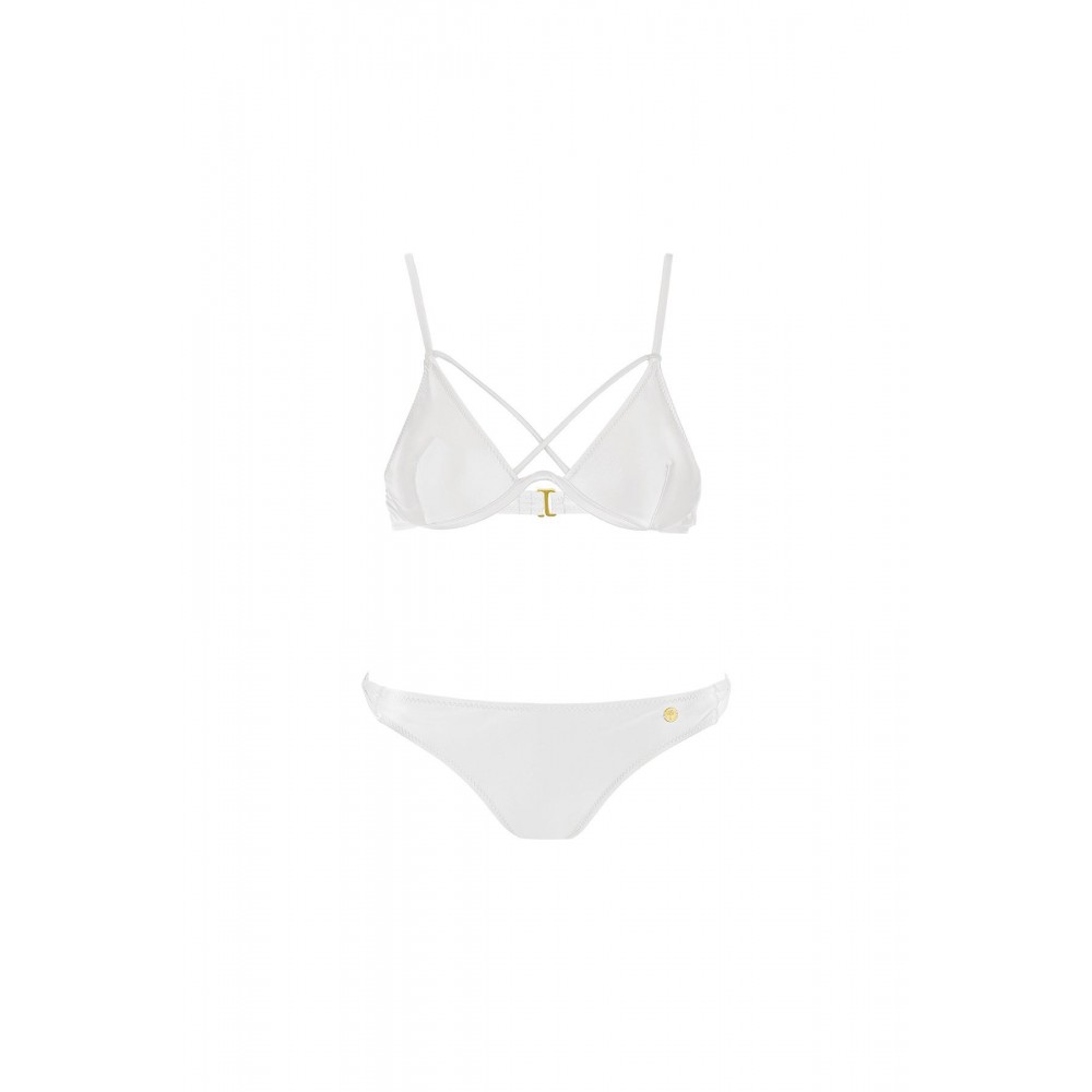 Μαγιό λευκό μεταλιζέ μπικίνι σετ με cross strap λεπτομέρεια 