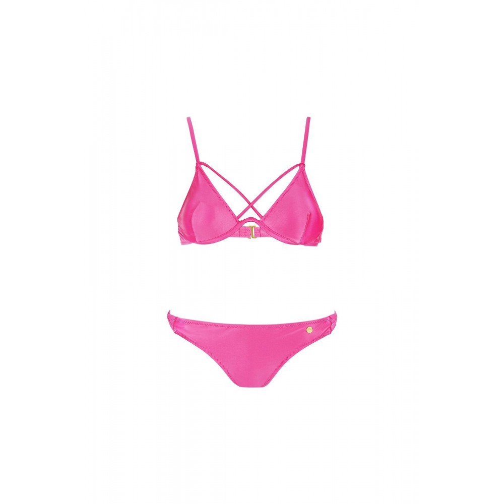 Μαγιό Φούξια μεταλιζέ μπικίνι σετ με cross strap λεπτομέρεια 