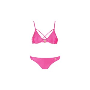 Μαγιό Φούξια μεταλιζέ μπικίνι σετ με cross strap λεπτομέρεια 