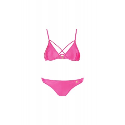 Μαγιό Φούξια μεταλιζέ μπικίνι σετ με cross strap λεπτομέρεια 