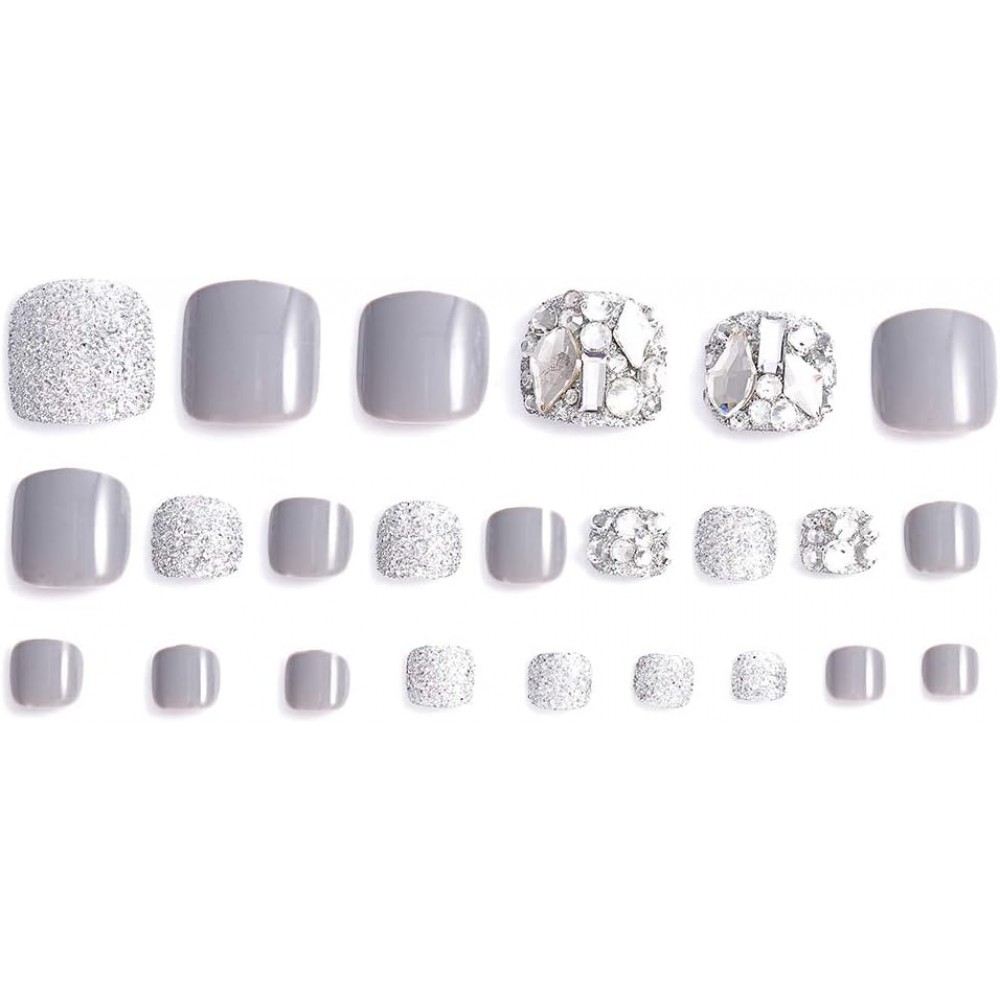 Press on ψεύτικα νύχια ποδιών γκρι με gliter και στρας 
