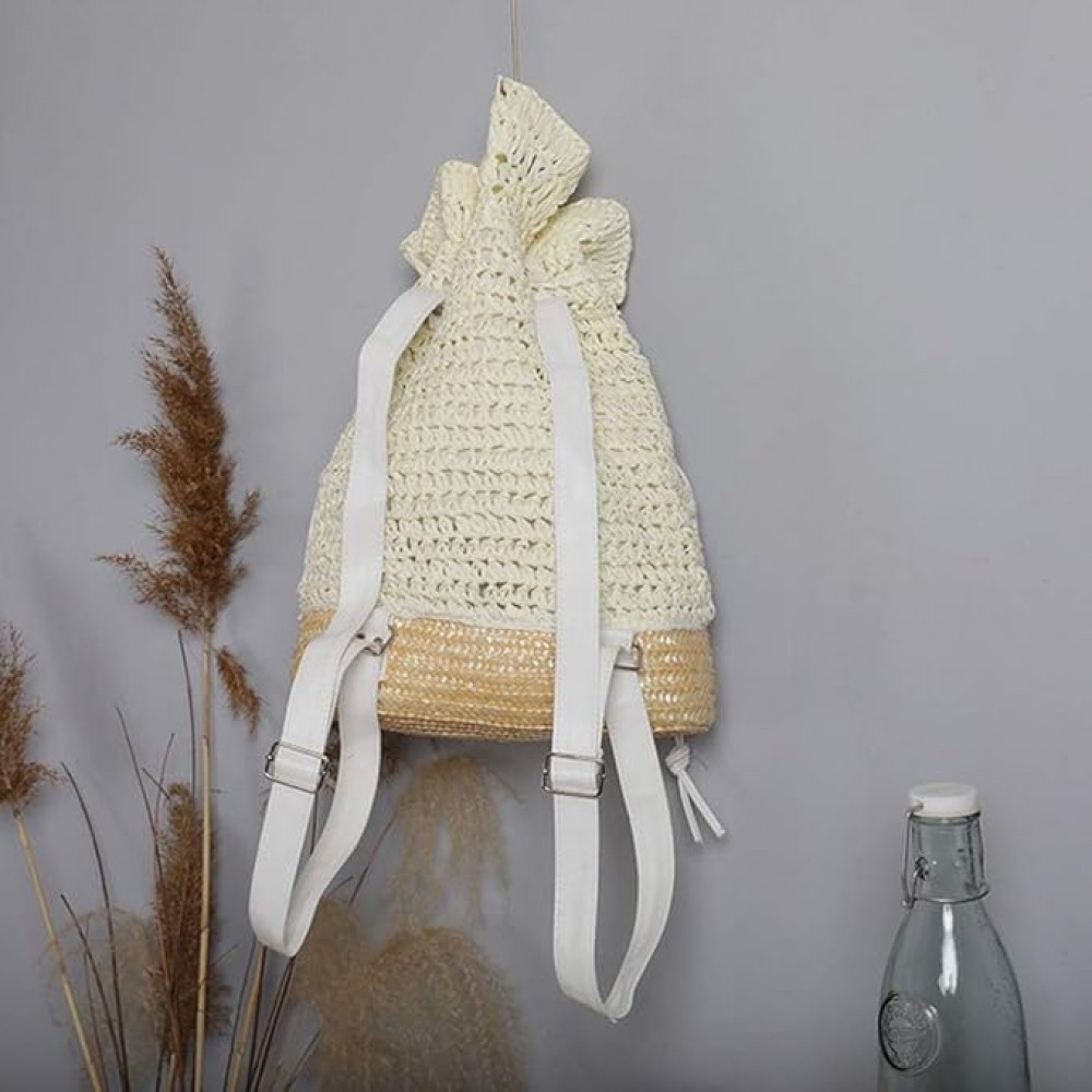 Τσάντα backpack με ψάθα και κέντημα με σκληρή πλέξη λευκή - μπεζ