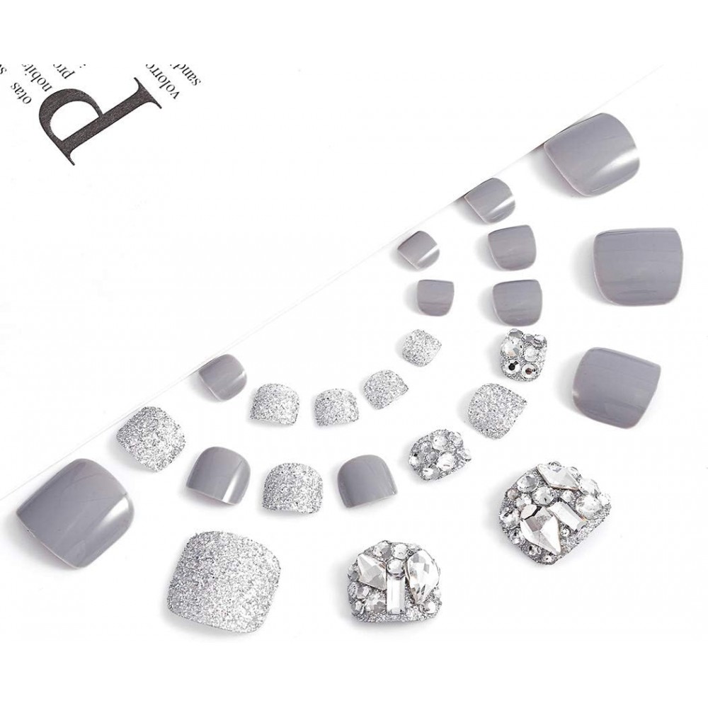 Press on ψεύτικα νύχια ποδιών γκρι με gliter και στρας 