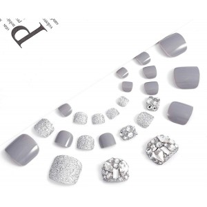 Press on ψεύτικα νύχια ποδιών γκρι με gliter και στρας 