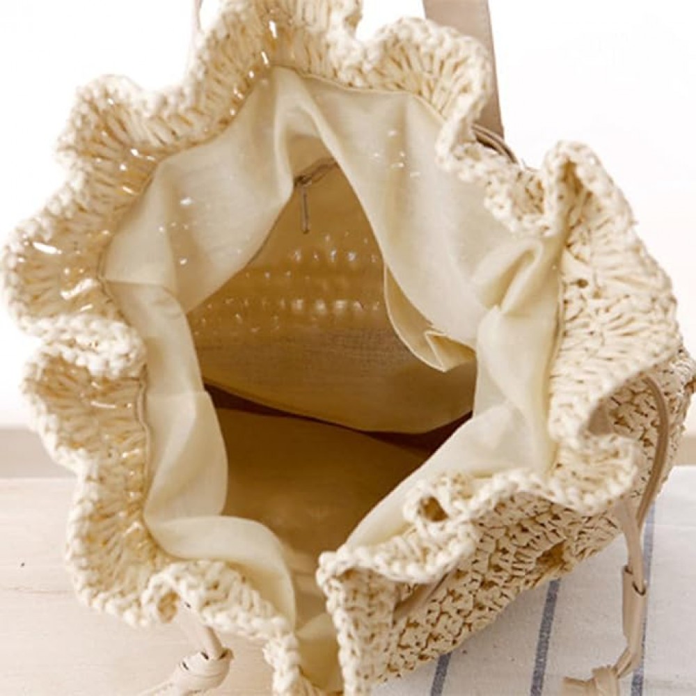 Τσάντα backpack με ψάθα και κέντημα με σκληρή πλέξη λευκή - μπεζ