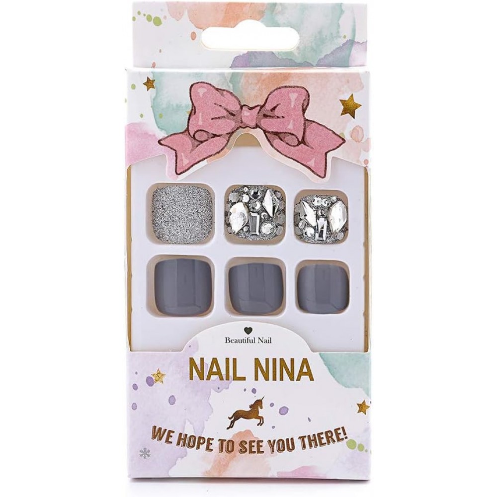 Press on ψεύτικα νύχια ποδιών γκρι με gliter και στρας 