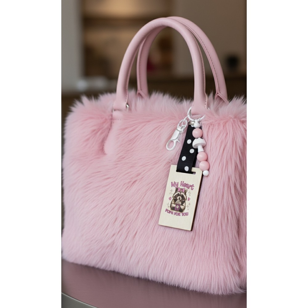 Χειροποίητο Κρεμαστό Bag Charm / Μπρελόκ με Ρακούν – “My Heart Pops For You”