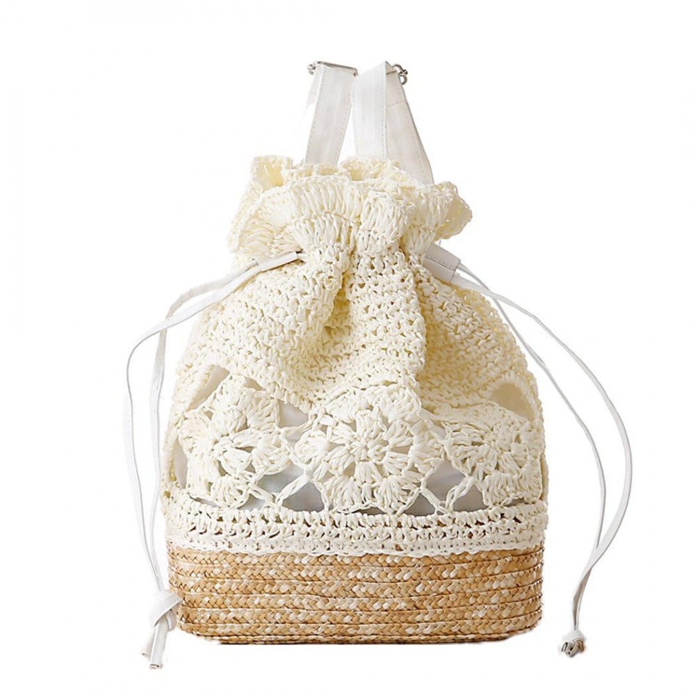 Τσάντα backpack με ψάθα και κέντημα με σκληρή πλέξη λευκή - μπεζ