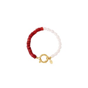 Βραχιόλι με μαργαριτάρια πέτρες και διακοσμητικό κούμπωμα - κόκκινο