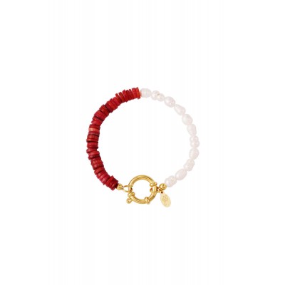 Βραχιόλι με μαργαριτάρια πέτρες και διακοσμητικό κούμπωμα - κόκκινο