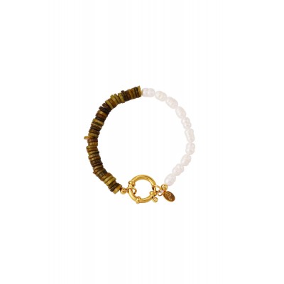 Βραχιόλι με μαργαριτάρια πέτρες και διακοσμητικό κούμπωμα - λαδί