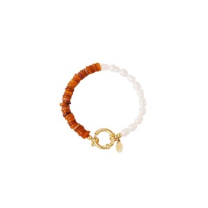 Βραχιόλι με μαργαριτάρια πέτρες και διακοσμητικό κούμπωμα - πορτοκαλί
