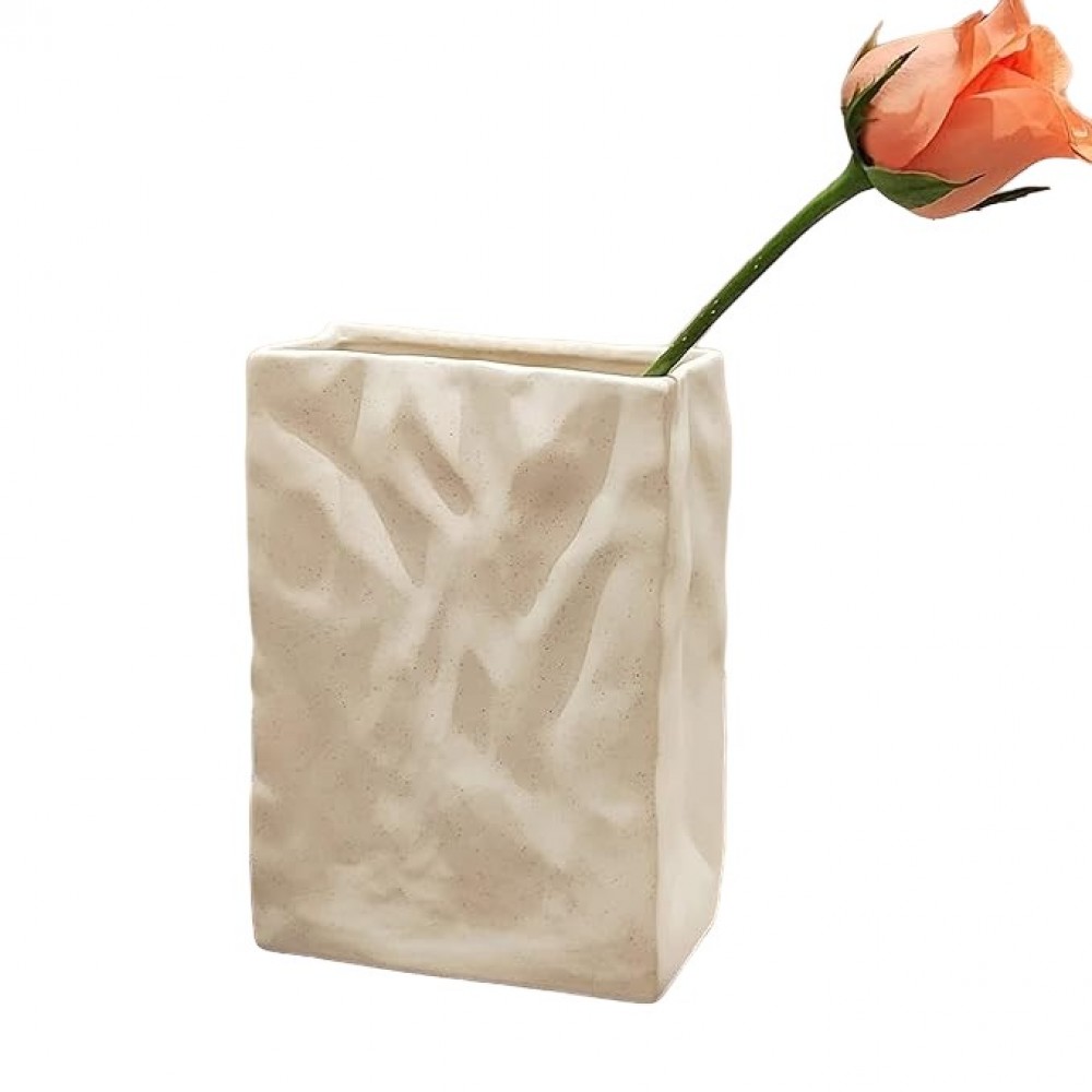 Κεραμικό διακοσμητικό βάζο παραλληλόργαμο για αποξηραμένα άνθη - μπεζ ματ
