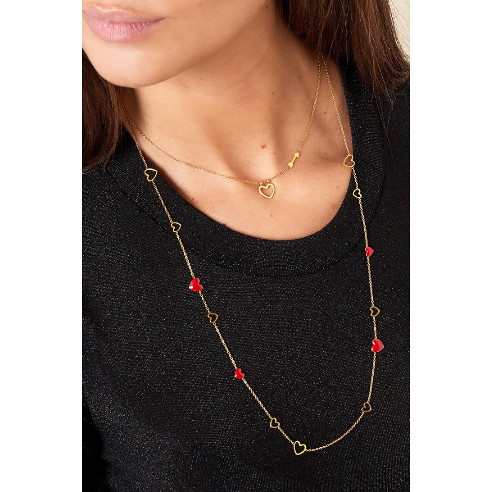 Κολιέ μακρύ λεπτό με κόκκινες καρδούλες με σμάλτο ατσάλινο - ασημί