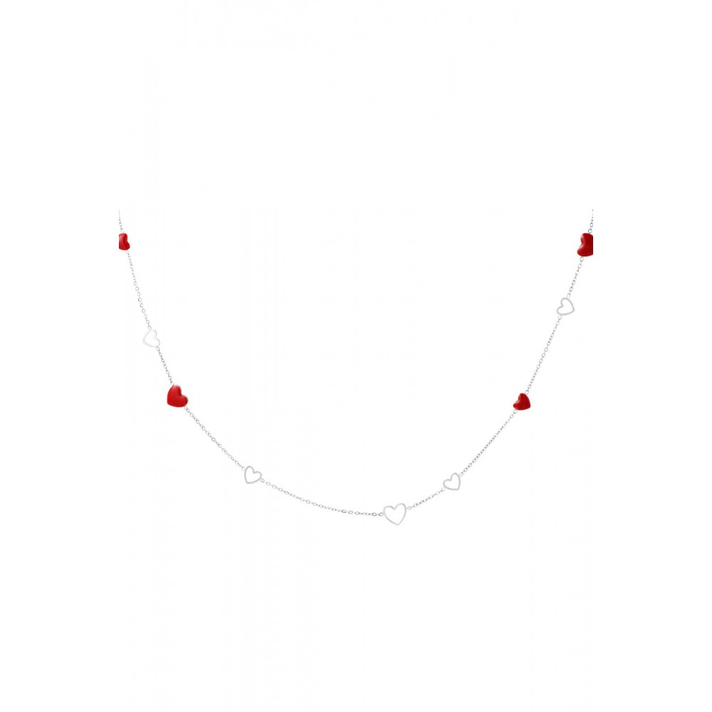 Κολιέ μακρύ λεπτό με κόκκινες καρδούλες με σμάλτο ατσάλινο - ασημί