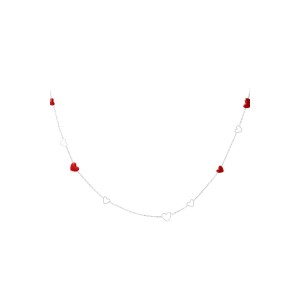 Κολιέ μακρύ λεπτό με κόκκινες καρδούλες με σμάλτο ατσάλινο - ασημί