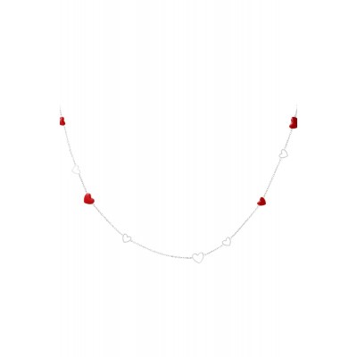 Κολιέ μακρύ λεπτό με κόκκινες καρδούλες με σμάλτο ατσάλινο - ασημί