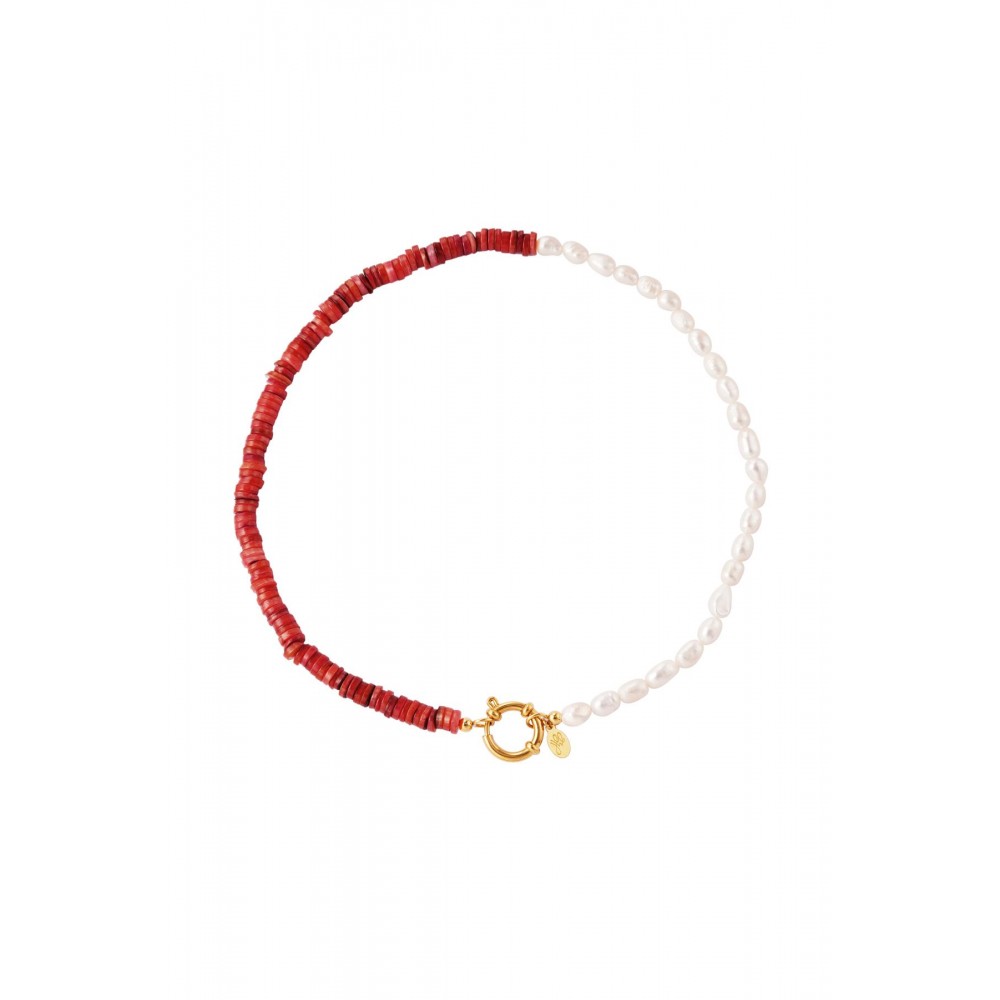 Κολιέ με μαργαριτάρια πέτρες και διακοσμητικό κούμπωμα - κόκκινο