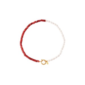 Κολιέ με μαργαριτάρια πέτρες και διακοσμητικό κούμπωμα - κόκκινο