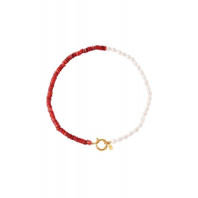 Κολιέ με μαργαριτάρια πέτρες και διακοσμητικό κούμπωμα - κόκκινο