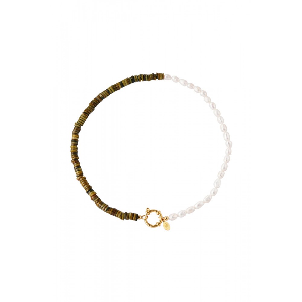 Κολιέ με μαργαριτάρια πέτρες και διακοσμητικό κούμπωμα - λαδί