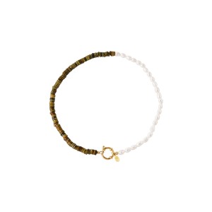 Κολιέ με μαργαριτάρια πέτρες και διακοσμητικό κούμπωμα - λαδί