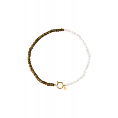 Κολιέ με μαργαριτάρια πέτρες και διακοσμητικό κούμπωμα - λαδί