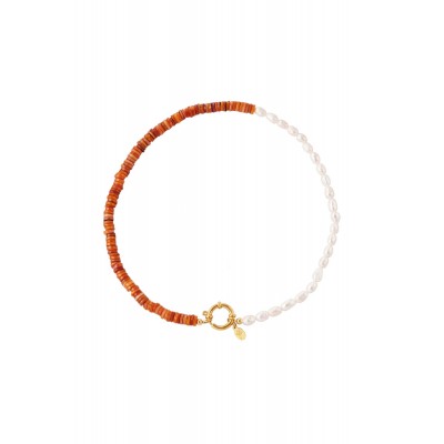 Κολιέ με μαργαριτάρια πέτρες και διακοσμητικό κούμπωμα - πορτοκαλί