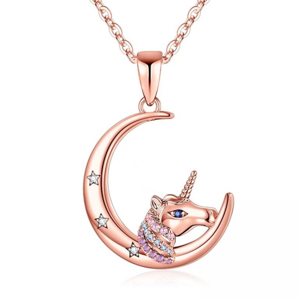 Κολιέ Μονόκερος στο Φεγγάρι με στρας - Ροζ Χρυσό