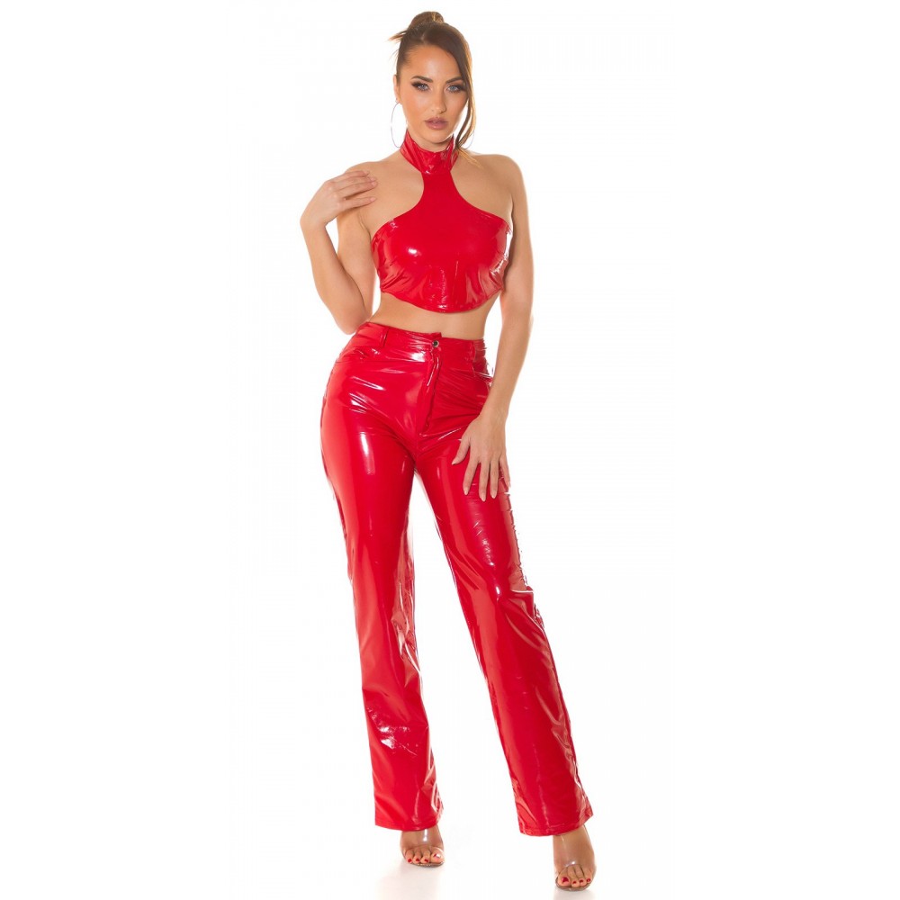 Παντελόνι vinyl ίσιο με τσέπες ψηλόμεσο pu leather κόκκινο