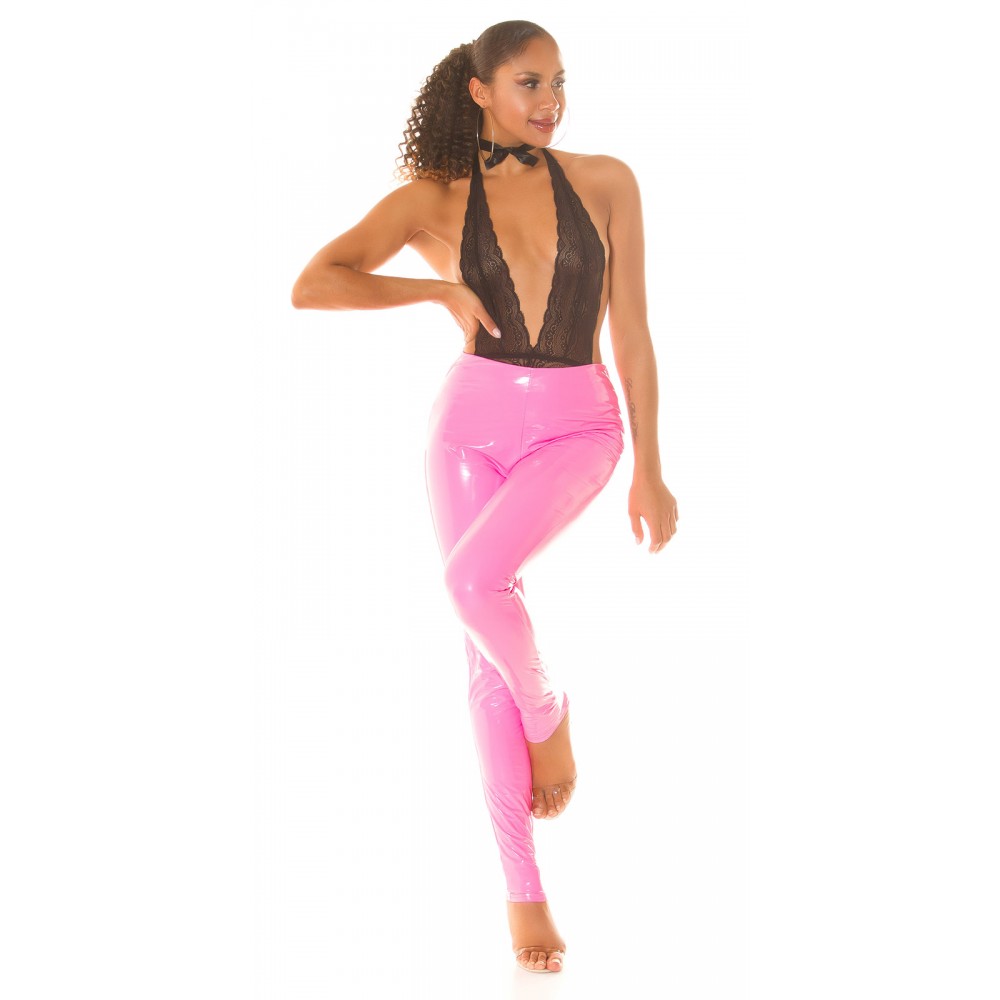 Παντελόνι κολάν vinyl από PU δερματίνη με κορδόνι - βινύλ λάτεξ ροζ