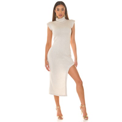 Πλεκτό midi μπεζ φόρεμα ζιβάγκο με βάτες