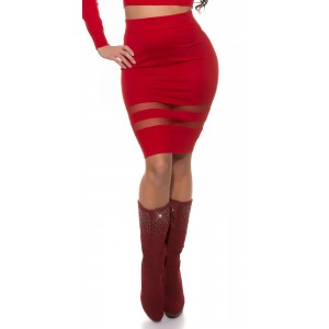 Σετ crop top και πλεκτή pencil φούστα με διαφάνειες κόκκινη