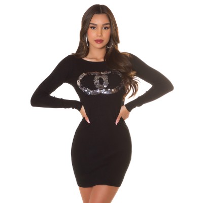 Casual κοντό μαύρο πλεκτό φορεμα με παγιέτες