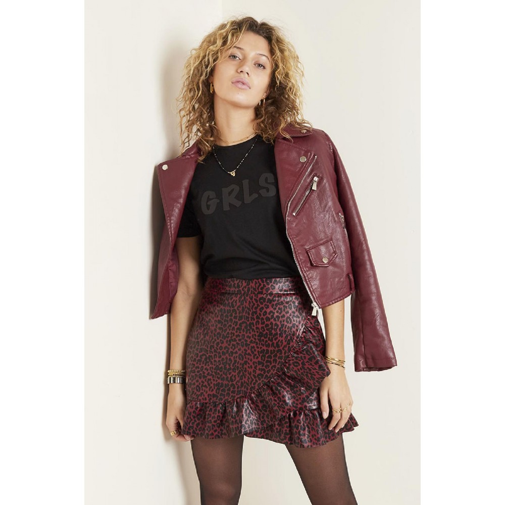 Φούστα animal print από δερματίνη με βολάν μπορντώ