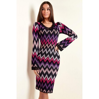 Πλεκτό χρωματιστό pencil φόρεμα με μανίκια καμπάνα